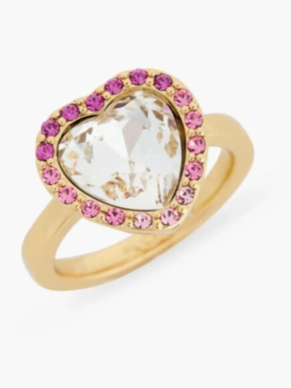 Kurt Geiger NWT Gold Heart Ring with Clear Center and Pink Crystal Halo